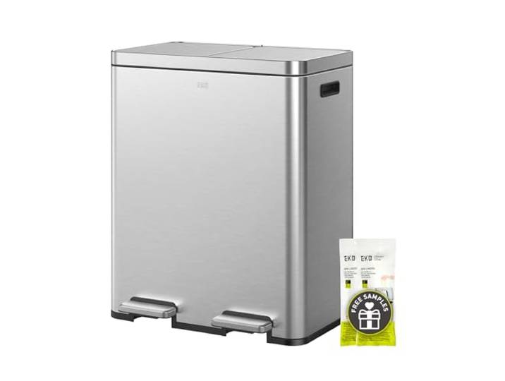 EKO Edison Doppel-Mülleimer für Recycling und Mülleimer, Küchenmülleimer mit zwei herausnehmbaren Inneneinsätzen, unabhängigen Deckeln und Pedalen, matter Edelstahl