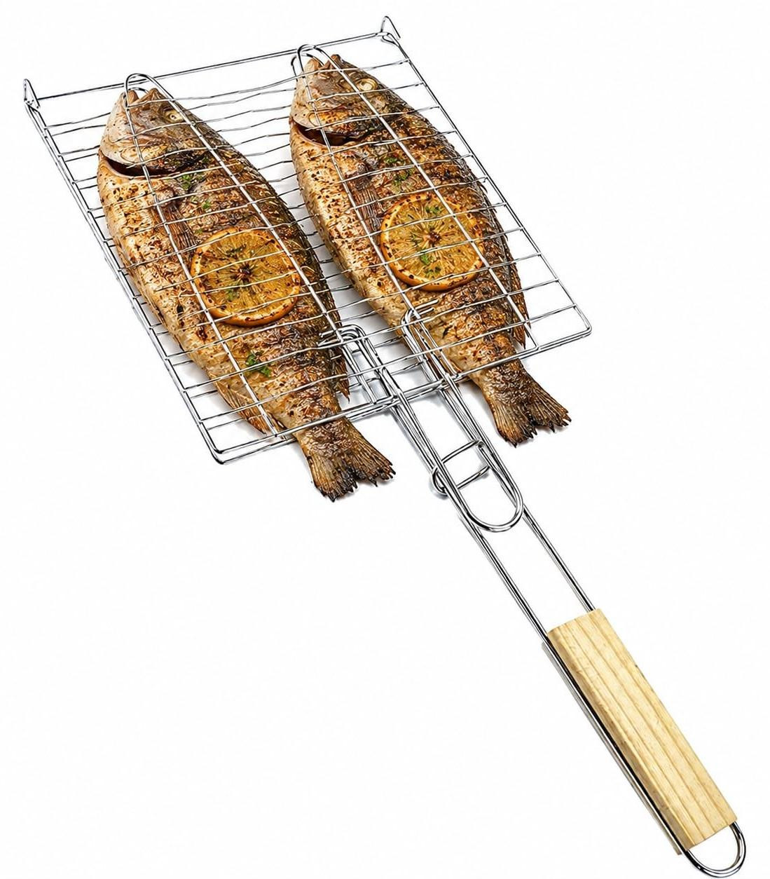 Visgrill voor de barbecue met houten handgreep