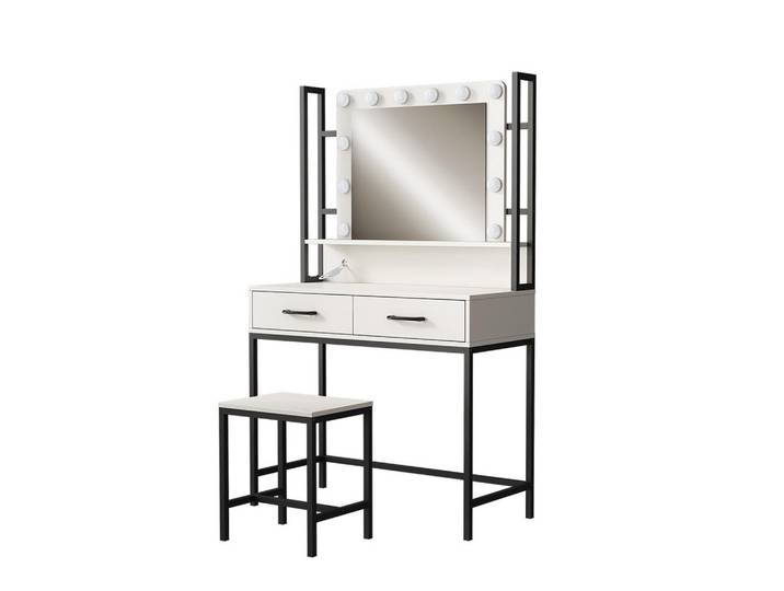 Vicco Schminktisch Luvia, Weiß, 90 cm mit Spiegel, LED-Beleuchtung und Hocker, Holzwerkstoff, 2 Schubladen, Rechteckig, 90x146x40 cm, Schlafzimmer, Schminktische