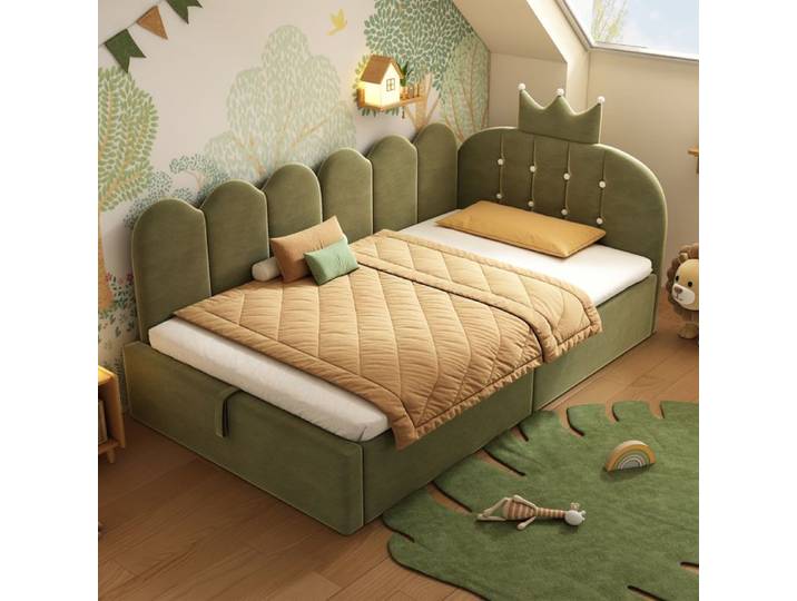Lit banquette - ZEVKOR - Lit banquette en L 90×200 cm - Coffre hydraulique - Velours vert - Sommier inclus