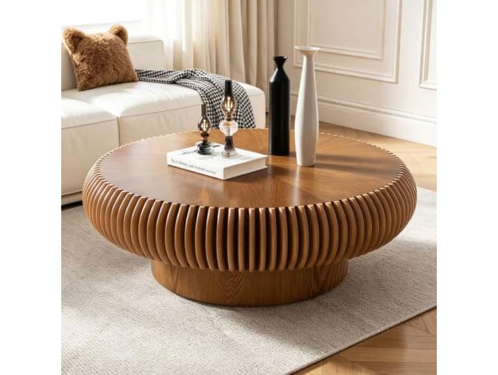 LOVEHOUGES Runder, geriffelter Couchtisch mit Massivholzfurnier Handgefertigter, moderner Couchtisch in Trommelform – einfache Montage – ideal für Wohnzimmer, kleine Apartments