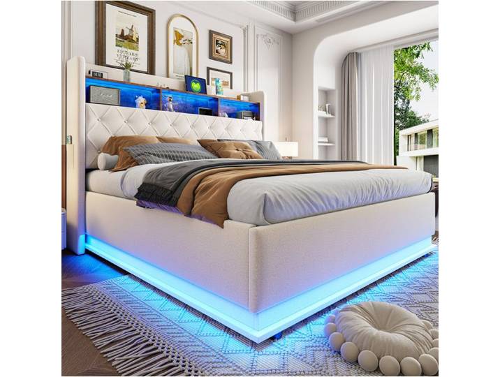 ROVRYN Lit rembourré LED 180 x 200 cm avec USB coffre hydraulique et rangements tête de lit beige