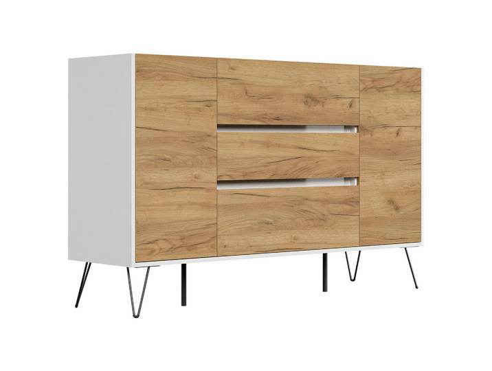 Mid.you Sideboard Posseik Industrial, Eiche, Weiß Hochglanz, Metall, 3 Schublade(n) Schubladen, 155x93.6x42 cm, stehend, Wohnzimmer, Kommoden & Sideboards, Sideboards