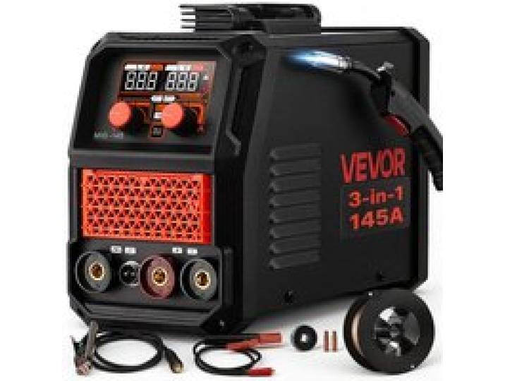 VEVOR 145A MIG-Schweißgerät 3-in-1 Lift-TIG/ Gaslos-Fülldraht/MMA-Schweißen, Trgabare Schweißmaschine für Werkstatt Garage Heimwerker, IGBT-Inverter, Synergiesteuerung, Digitalanzeige, Überlastschutz