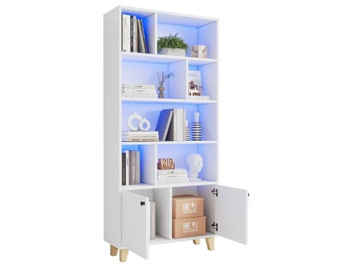 Meuble bibliothèque 80x30x173cm LED RGB 2 portes multiples compartiments pieds massifs couleur blanche