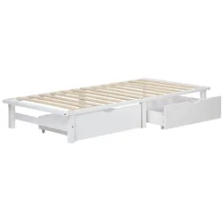 Décoshop26 - Weißes Massivholz-Palettenbett 90x200 cm mit Aufbewahrungsschubladen und Lattenrost LIT06219