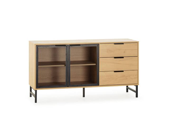 Sideboard Isis 2 Metalltüren 3 Schubladen, Honigeiche, Rechteckig, 120x76x38 cm, Kleinmöbel, Kommoden, Sideboards