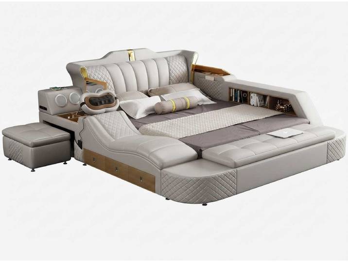 JVmoebel Multimediabett Stilvolles Polsterbett mit Bettkasten und USB-Anschluss (1-tlg., 1-tlg), USB-Anschluss, Bluetooth-Audiosystem, klappbarer Schminktisch