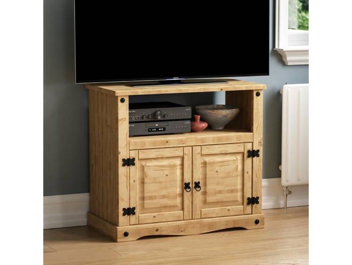 Meuble TV droit Corona – Meuble de rangement en pin massif ciré unité de divertissement