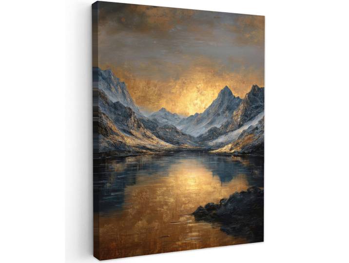 MuchoWow Leinwandbild - Bergkulisse mit goldenem Sonnenuntergang - 60x80 - Gemälde, Goldfarben, Textil, Kiefer, Abstrakt, Rechteckig, 60x80 cm, gerahmt, Bilder & Rahmen, Bilder, Wandbilder