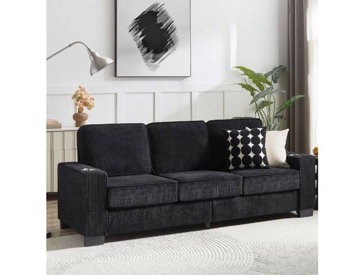 WOVREO Canapé fixe 3 places 206 cm en velours côtelé noir avec porte-gobelets intégrés
