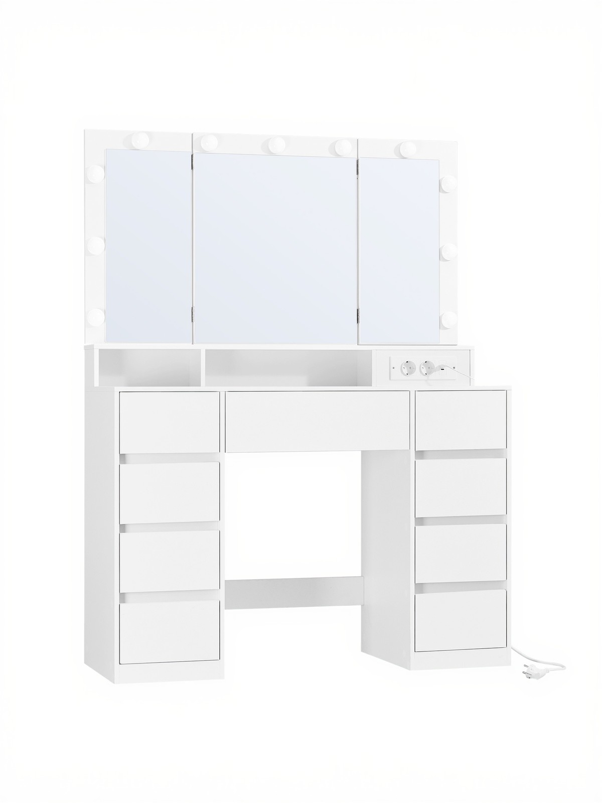 VASAGLE Schminktisch mit LED-Beleuchtung, Frisiertisch mit Klappspiegel, Schubladen RDTB35146WB01