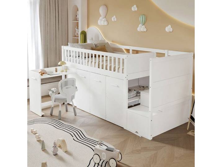 Lit Enfant 90x200 cm avec Bureau et Armoire de Rangement Lit Superposé avec Armoire Lit Simple Blanc