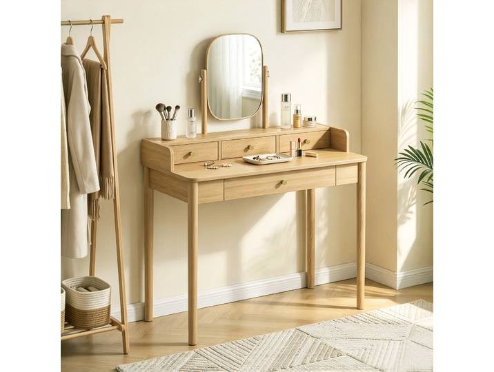 HOMCOM Coiffeuse Pin Chêne Miroir Pivotant 4 Tiroirs Chambre