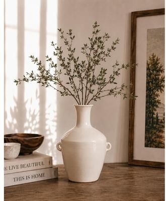 "Artissance 7"" W Off-White Glazed Ceramic Vase with Decorative Handles"