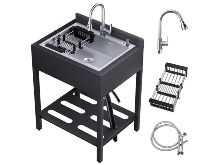 Freistehendes Edelstahl-Spülbecken, freistehendes gewerbliches Einbeckenspülbecken mit ausziehbarer Kalt- und Warmwasserarmatur, Sink Handwaschspüle für Küche (Silber sein, M- 65.1 x 52.1 x 95.3CM)