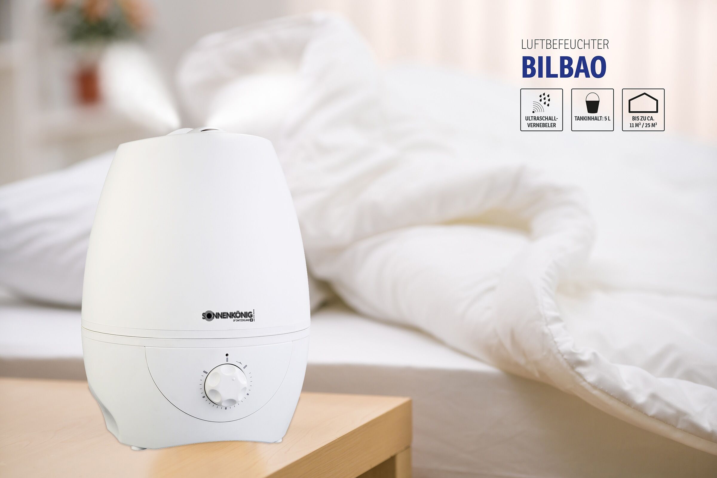Luftbefeuchter SONNENKÖNIG "Bilbao, 5L Tank, 0.35L/h, Auto-Off, inkl. Filter zum Entkalken", weiß, B:23cm H:31cm T:23cm, Luftbefeuchter, Luftbefeuchter, einfache Bedienung, laufruhig