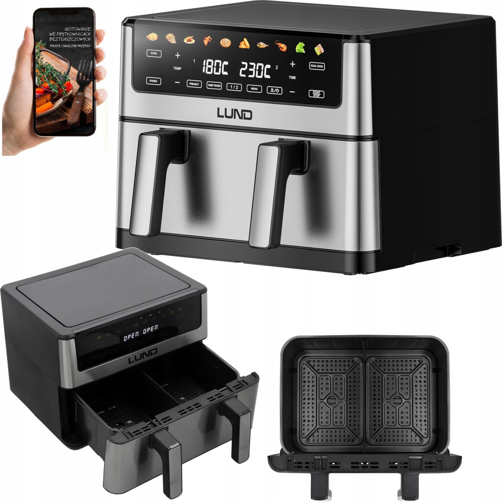 LUND Heeteluchtfriteuse 10 liter met LCD-display en mini-oven, 2600 watt