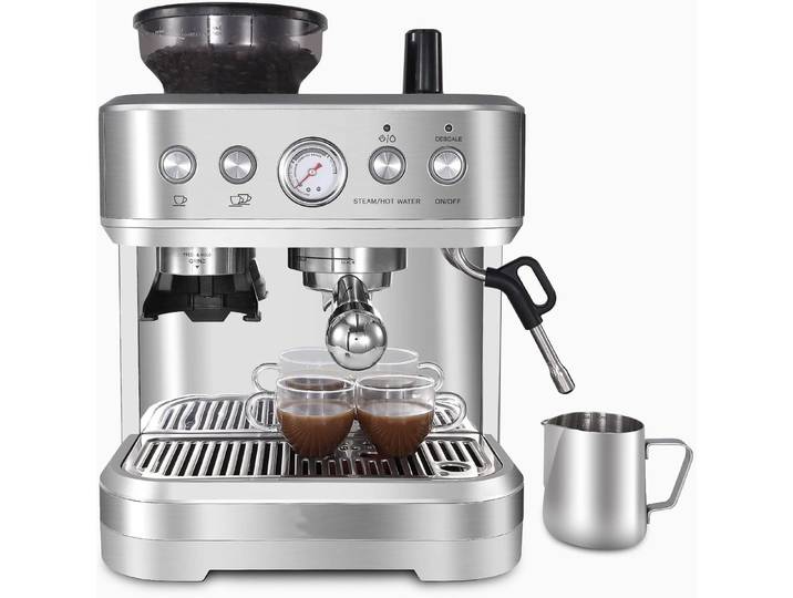 GarveeMore Espressomaschine EZ01, 2.3l Kaffeekanne, Kaffeefilter, Siebträger, 15 Bar, Mahlwerk, 15 Mahlgrade, Milchschaumdüse, 2,3 l Tank