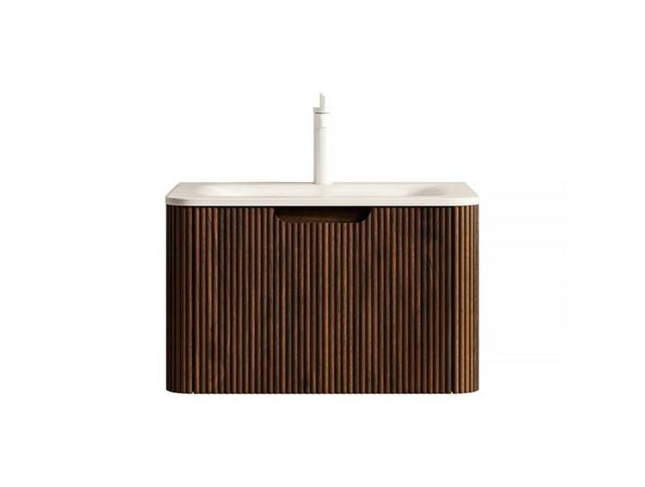 Meuble Vasque Intégrée Mural 60cm-Plan Travertin Rome Tiroir Pré-assemblé-Beige Finition Grain de Noyer Salle de Bain