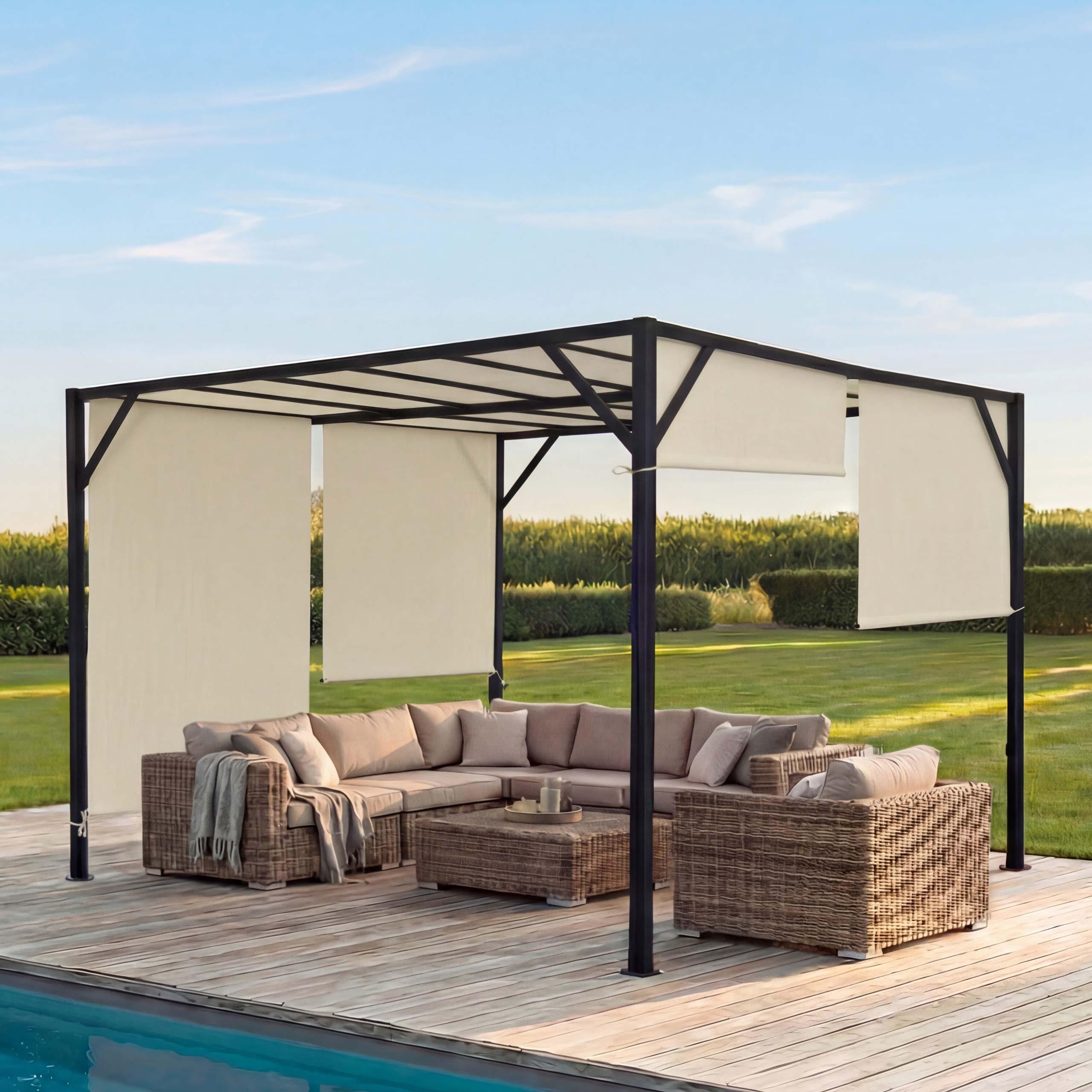 Pergola Beja, Garten Pavillon Terrassenüberdachung, stabiles 6cm-Stahl-Gestell + Schiebedach 4x4m