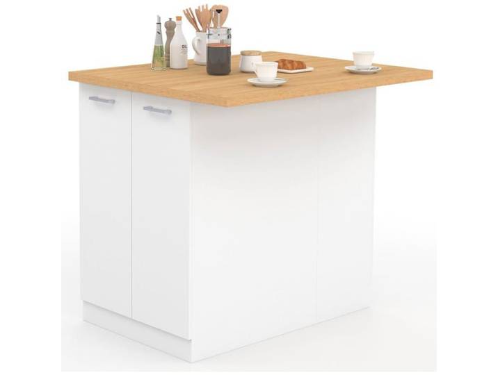 IDMarket Ilot Central IVO 100 cm Blanc et Bois Plan de Travail et Rangement Cuisine