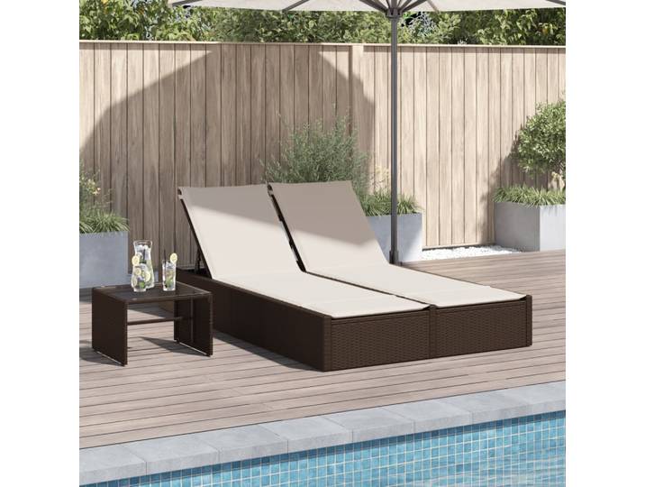 vidaXL Doppel-Sonnenliege mit Auflagen Braun Poly Rattan