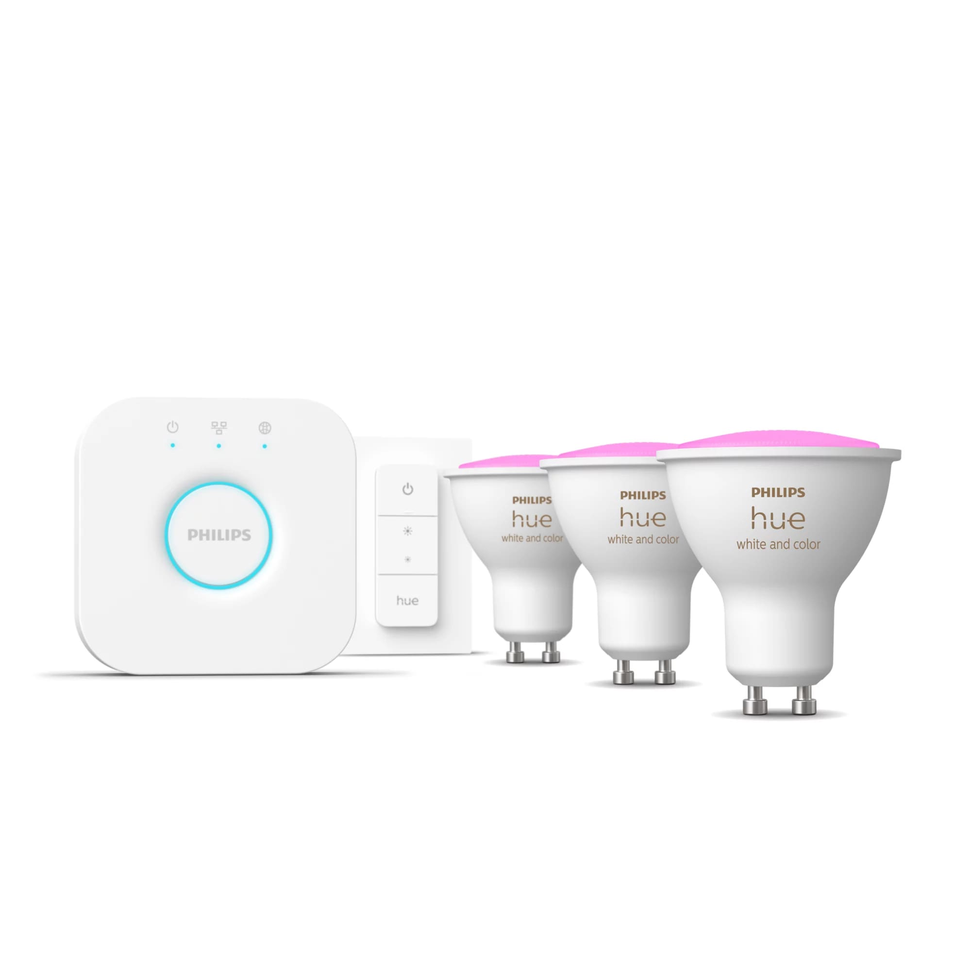 Philips Hue White and Color Ambiance Starter-Set (3x GU10 Smart Spots, Hue Bridge + Dimmschalter)