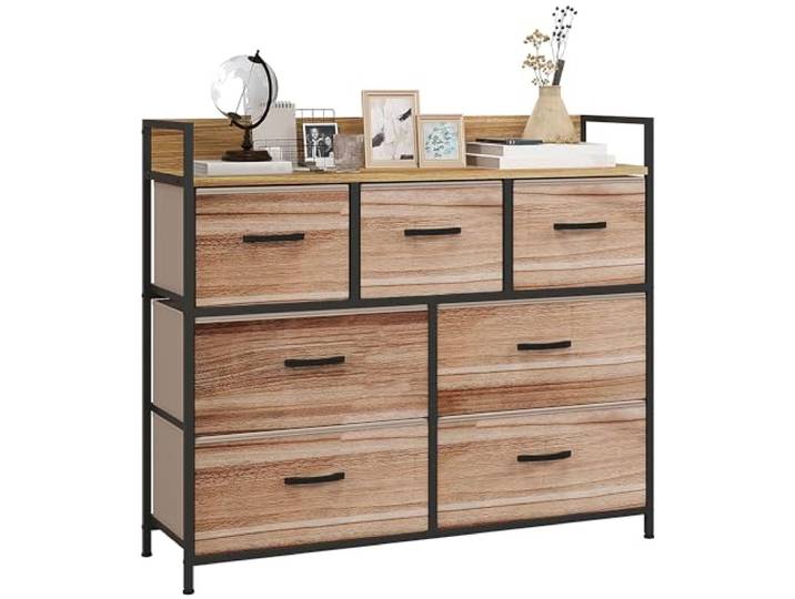 HOMCOM 7-Schubladen-Kommode 98x29x85 cm Naturschwarz Kommode, Stahlrahmen, für Schlafzimmer, Eingangsbereich, Wohnzimmer