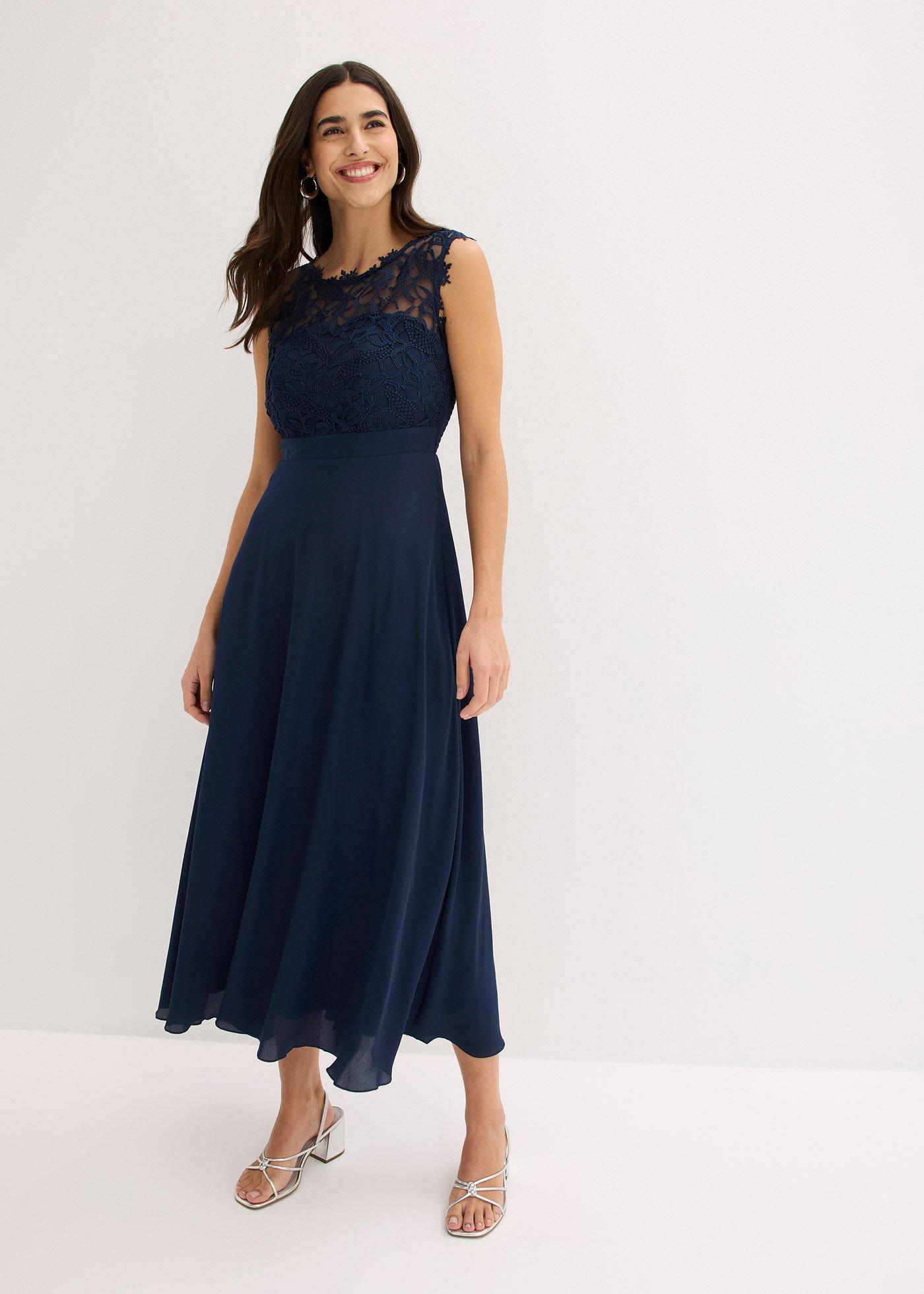 bonprix Maxikleid mit Spitze, blau, Gr.40, Elegantes Abendkleid mit Spitze im Oberteil und einem Rücken-Cut-Out