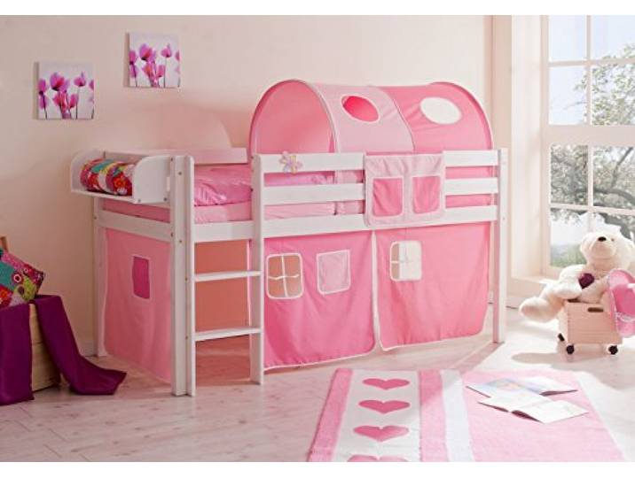 TiCAA Hochbett Spielbett Malte Kiefer massiv Weiss, Vorhangstoff:Rosa Pink 3 teilig