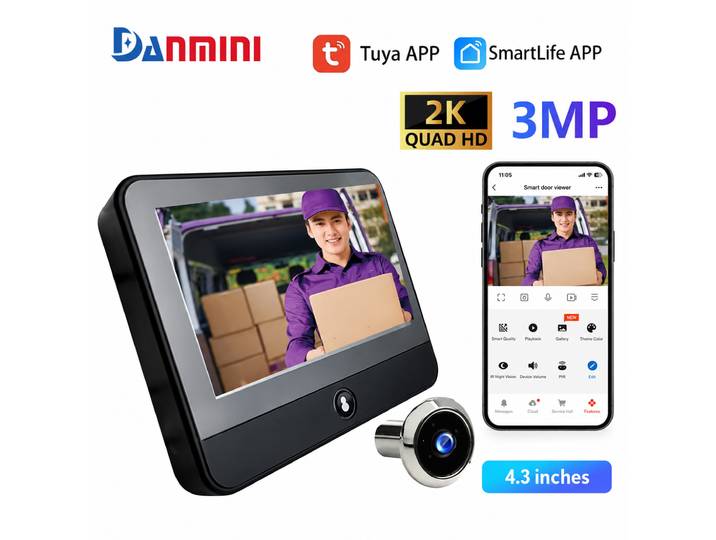 Caméra numérique WiFi pour judas de porte 4,3 pouces Tuya Smart Life avec détection humaine et animale 3MP 120° ° Caméra de surveillance nocturne cachée