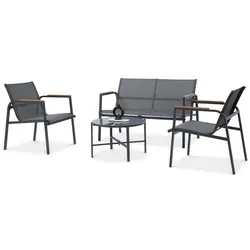 GARTENSET Thaiti, 2-Sitzer-Sofa + 2 Sessel + Couchtisch, Polywood-Armlehnen, Dunkelgrau