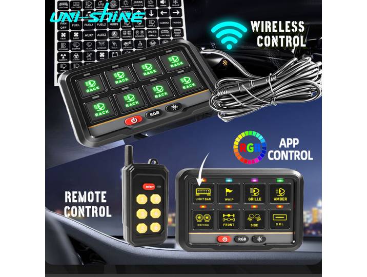 UNISHINE Panneau de Commande Universel 6 Gang 8 Interrupteurs RGB avec Télécommande Sans Fil et Contrôle par Application pour Camionnette 4x4 Tout-Terrain 12V 24V