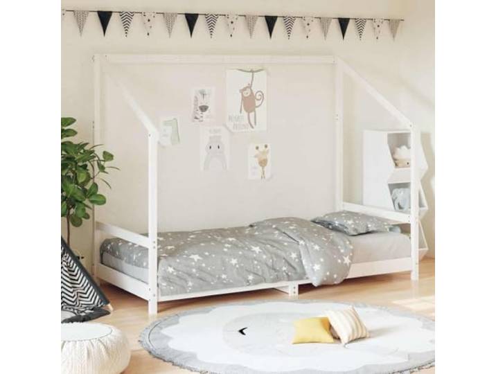 ZXQVLMRS Kinderbett Massivholz Kiefer 90x190 cm Hausbett Weiß Lattenrost Rustikale Optik, Stabiler Kiefernholzrahmen, Leichter Einstieg