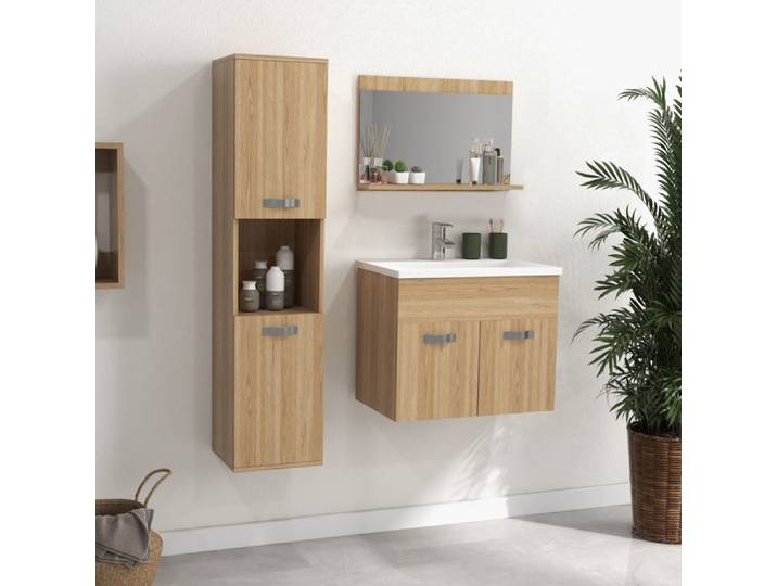 Ensemble meuble salle de bain 4 pièces suspendu naturel avec lavabo céramique et colonne