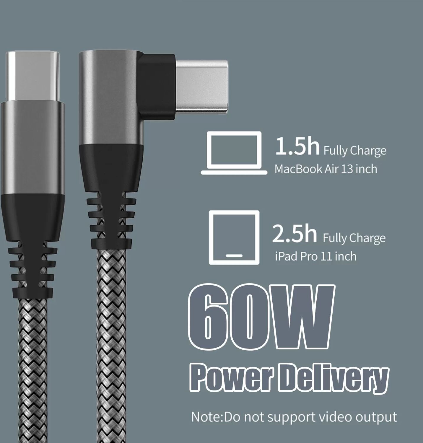 INF USB-C-Ladekabel mit Winkelstecker 60 W PD Schnellladung 2 m