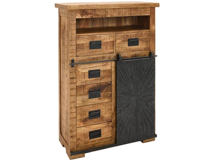Ambia Home Highboard, Natur, Schwarz, Holz, Metall, Mangoholz, massiv, 2 Fächer, 6 Schublade(n) Schubladen, 90x130x40 cm, stehend, Holzmöbel, Kleinmöbel Holz, Holzkommoden, Highboards Holz