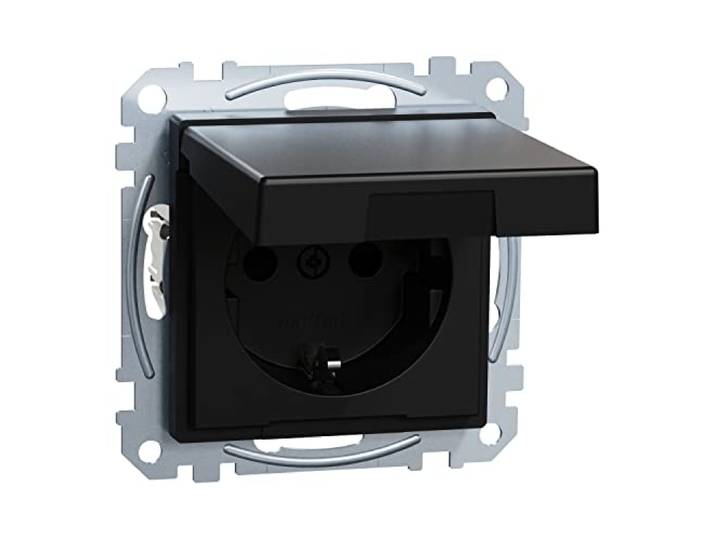 Merten - SCHUKO-stopcontact met klapdeksel, contactbescherming, steekklemmen, mat zwart, systeem M, MEG2310-0403, geaard stopcontact