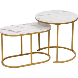 Happy Home Satztisch Couchtisch Beistelltisch 2tlg. HWT52-WEI Marmor Weiß Dekor Gestell Gold