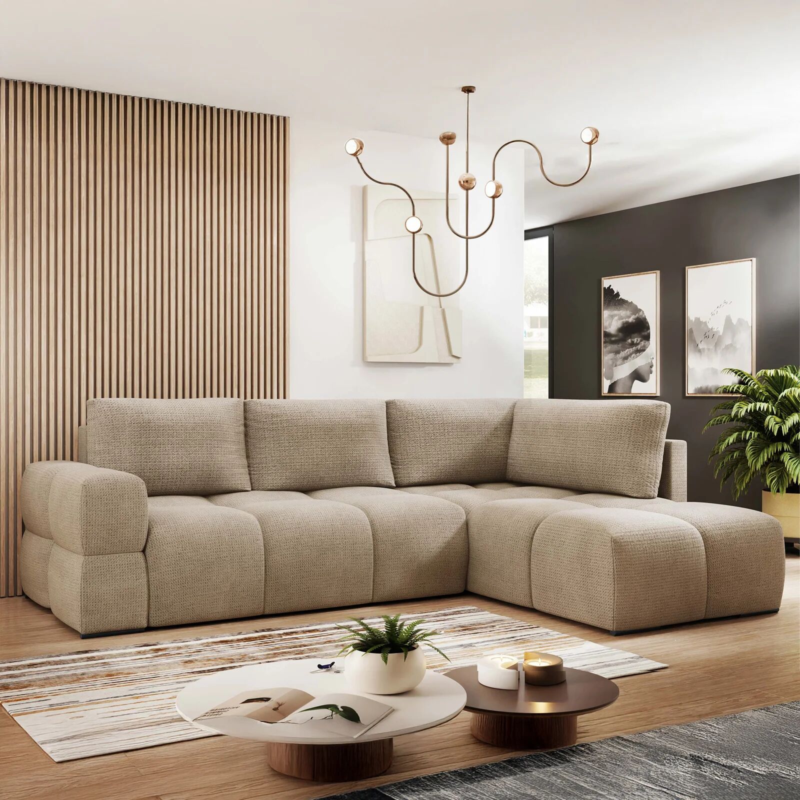 garneroarredamenti Divano letto angolare reversibile 3 posti 267x185cm box contenitore beige sabbia Sottovoce