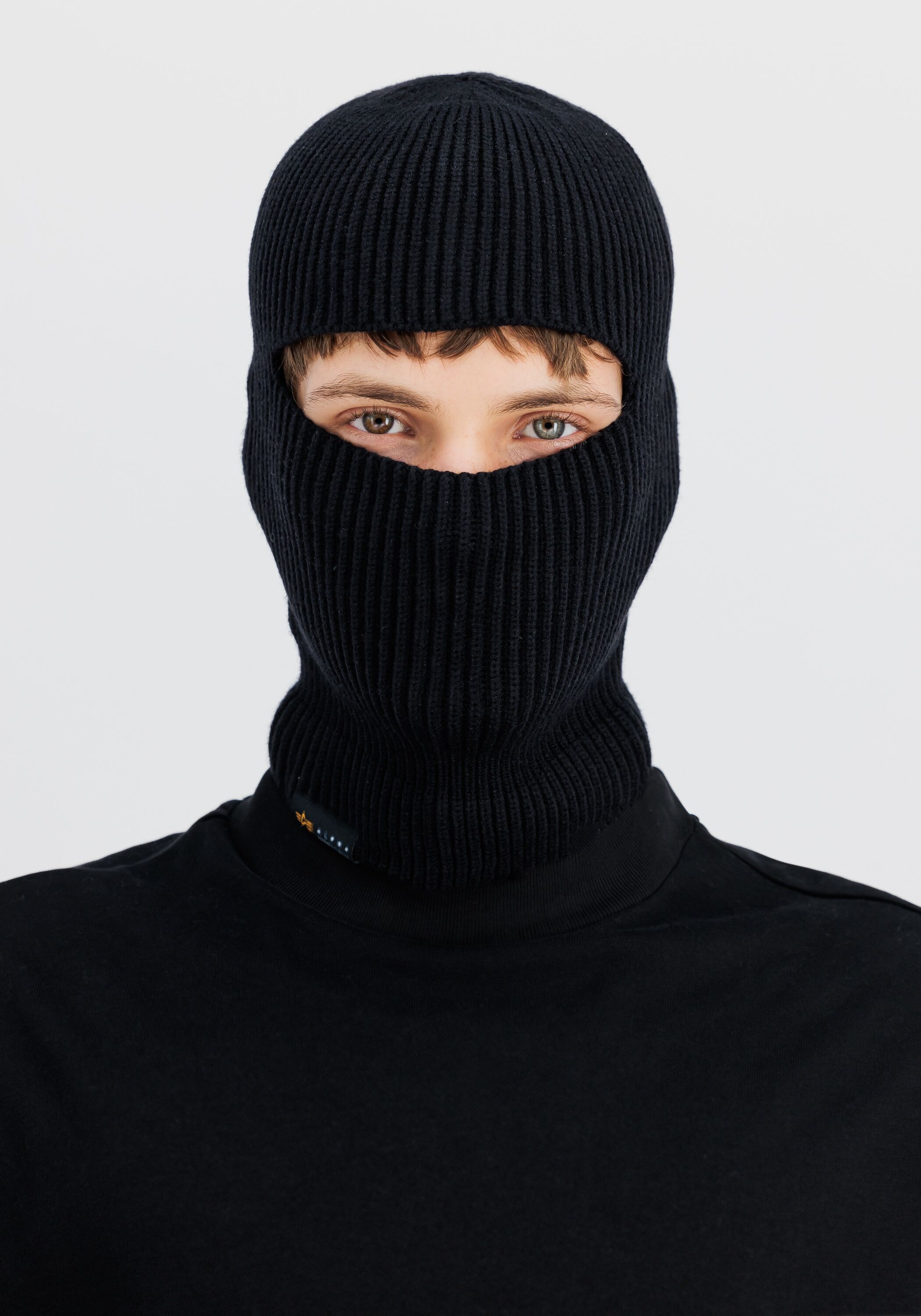 Sturmhaube ALPHA INDUSTRIES "Label Balaclava", Herren, Gr. onesize, schwarz, Shell: 47% Viscose. 30% Nylon. 23% Polyester, Mützen Sturmhaube schwarz onesize