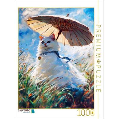 CALVENDO Puzzle Katze auf Wiese mit Sonnenschirm im impressionistischen Stil | 1000 Teile Lege-Größe 64x48cm Foto-Puzzle für glückliche Stunden