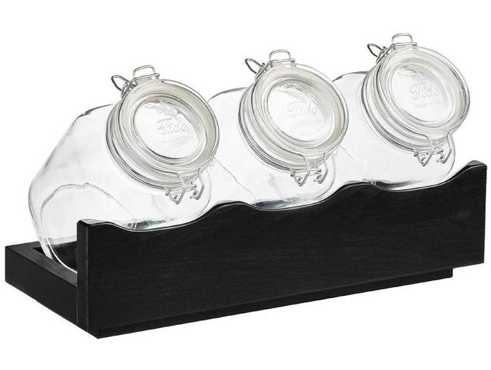 Vorratsglas APS Good Morning 4-teiliges Set, Buche , transparent (schwarz), B:17cm H:13,5cm L:43cm Ø:17cm, Glas, Holz, Lebensmittelaufbewahrungsbehälter, Vorratsglas