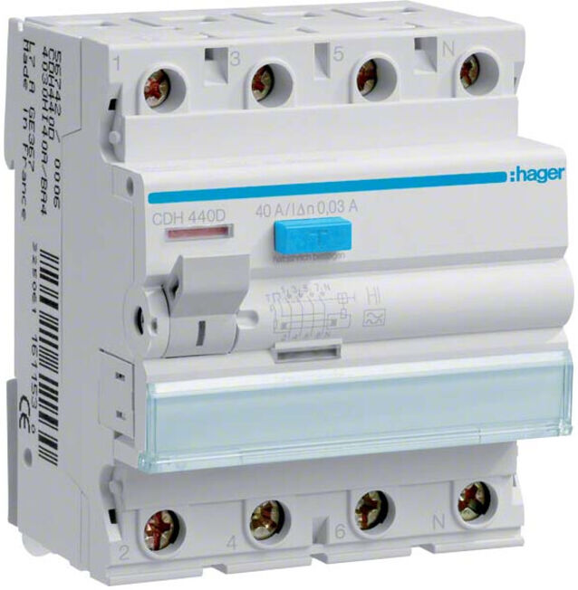 Hager Disjoncteur différentiel 4 pôles 40A/30mA, Hi CDH440D (CDH440D)