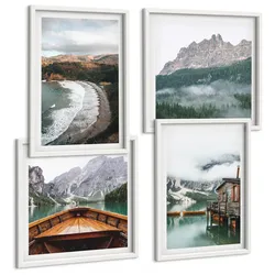 BILDER SET 4er Set - 50x50 cm & 40x60 cm Weißer Rahmen - Holzhausboot an Bergstränden