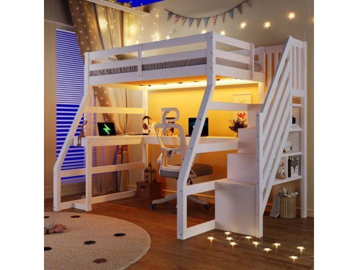 Lit mezzanine enfant - Lit enfant - Mezzanine 90x200 - Bureau en L - LED intégrée - Escalier rangement