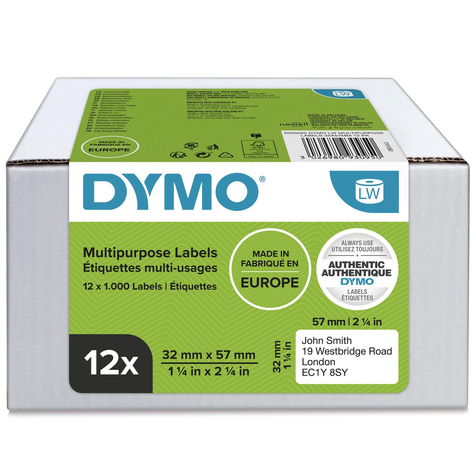 DYMO® Original Etikett für LabelWriter™, Vorteilspack, Vielzweck, weiss, wiederablösbar, 12 x 1.000 Etiketten 2093095