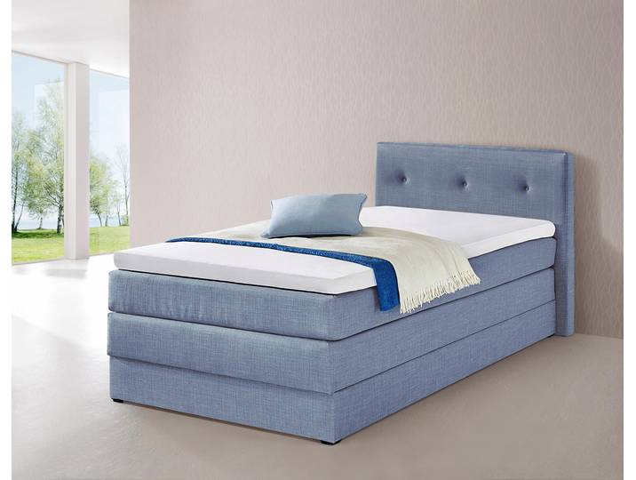 Boxspringbett, Hellblau, 100x200 cm, Feinstrukturstoff, Mit Bettkasten, Landhaus, Hapo