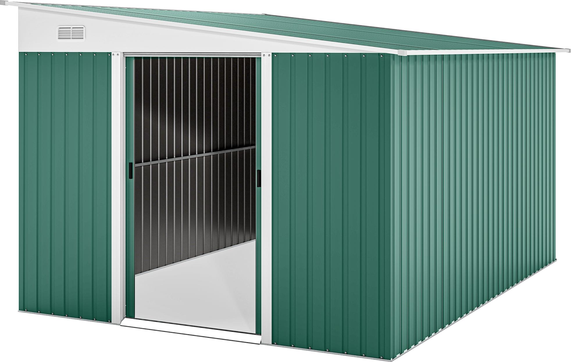 Verriegelbarer Metall-Geräteschuppen mit Schrägdach, 2,8x3,45x2,01m, Grün, Gartenhaus, wetterfest, Sicherheitsschloss